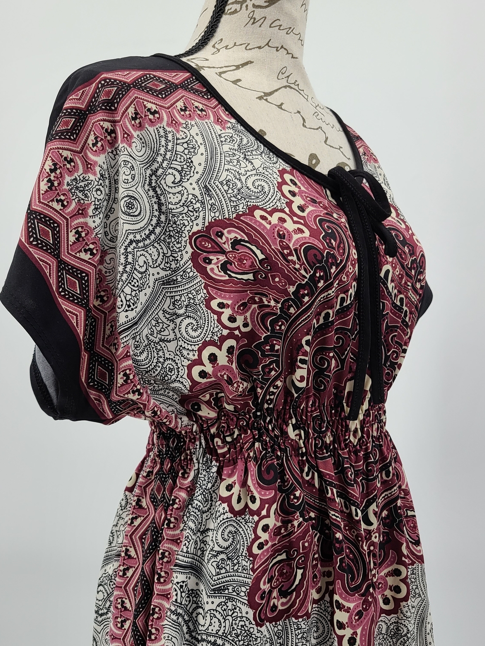 Vintage 1990's Claudia Richard Burgandy & Black Paisley Tunic Blouse Size Medium